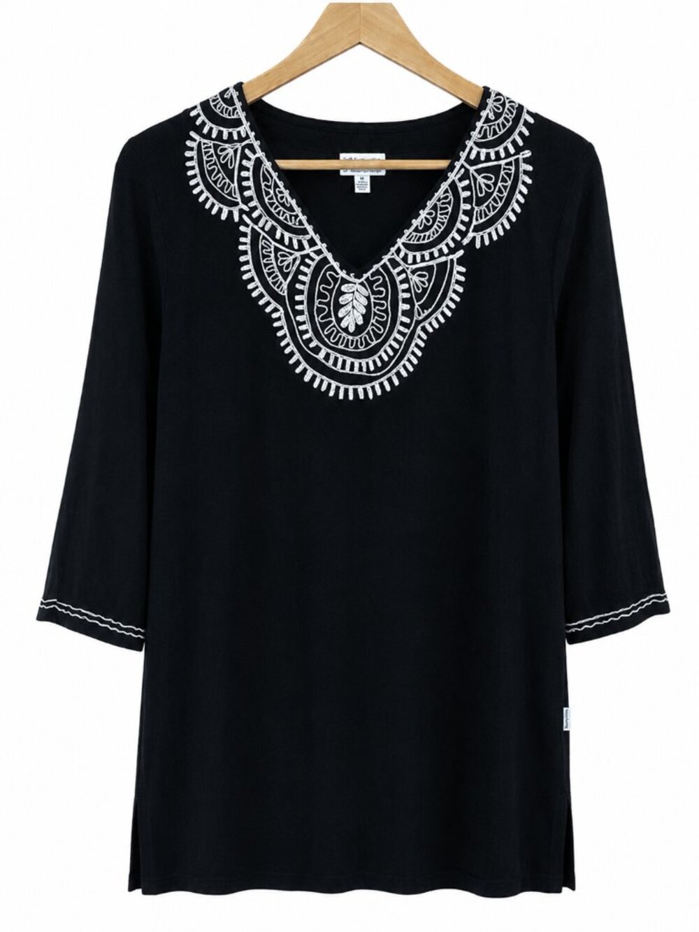 Just Bee Embroidered Tunic Top Black White Boho 100% Cotton Medium